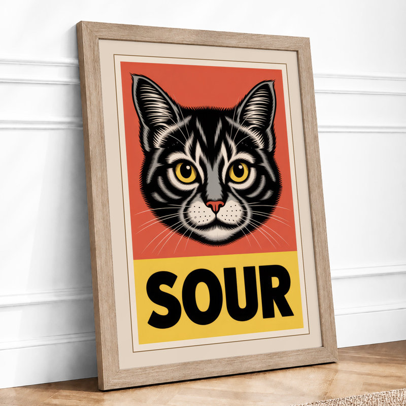 Sour Cat Retro - Framed Print, Oak, A4 - 29.7 x 21.0 cm