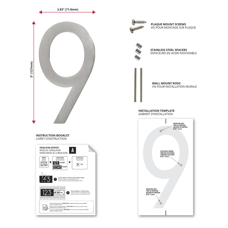 Numéro de maison flottant illuminé à DEL 5 po, Nickel satiné, #9