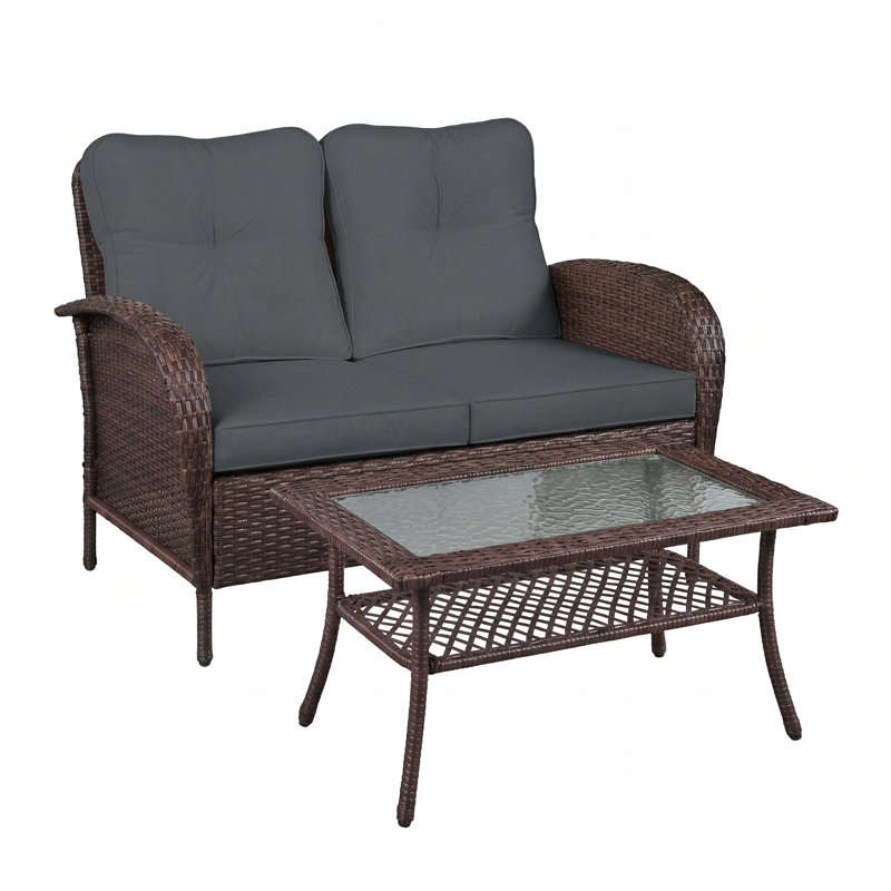 Outdoor Wicker Loveseat With Coffee Table And Cushions, Gray