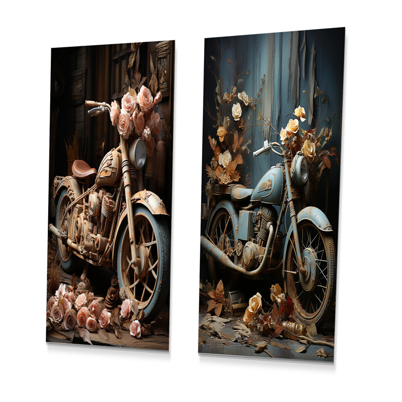 «Rustic Adventure Flower Moto» - ensemble de 2 impressions de moto en métal, H 28 po x l 24 po