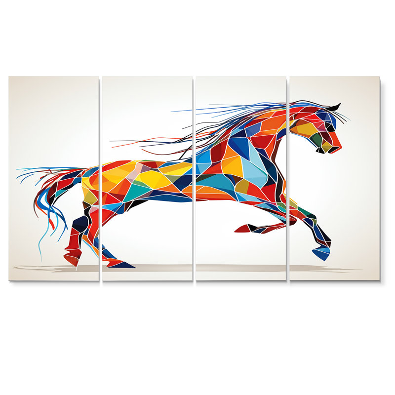 "Cheval au galop", art mural graphique pour salon, 4 pièces, H 32 po x l 64 po