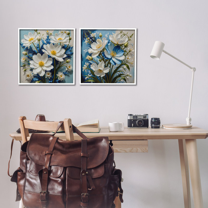 "Bold Floral Bunches", ensemble de 2 estampes numériques par Yuri Khrushch, Giclée encadrée blanc bord de mer