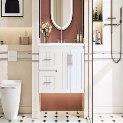 Meuble-lavabo mural 36 po, armoire de rangement flottante avec 2 tiroirs, lavabo simple en céramique 3 trous, armoire moderne avec tablette réglable