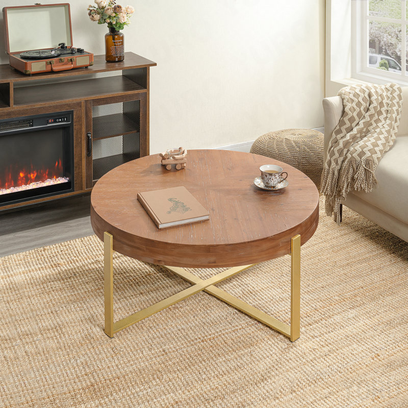 Table basse 33,86 "épissure ronde - bois de sapin, pieds dorés - rétro, 17.72" H x 33.86" W x 33.86" D, Brown/Gold