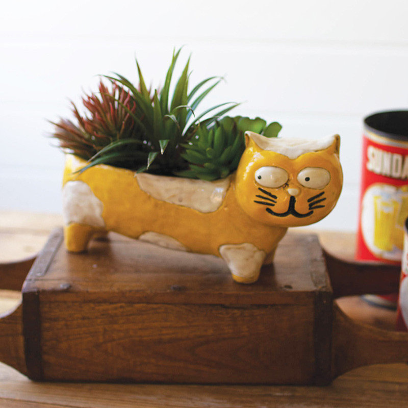 Yellow and White Ceramic Cat Planter for Succulents