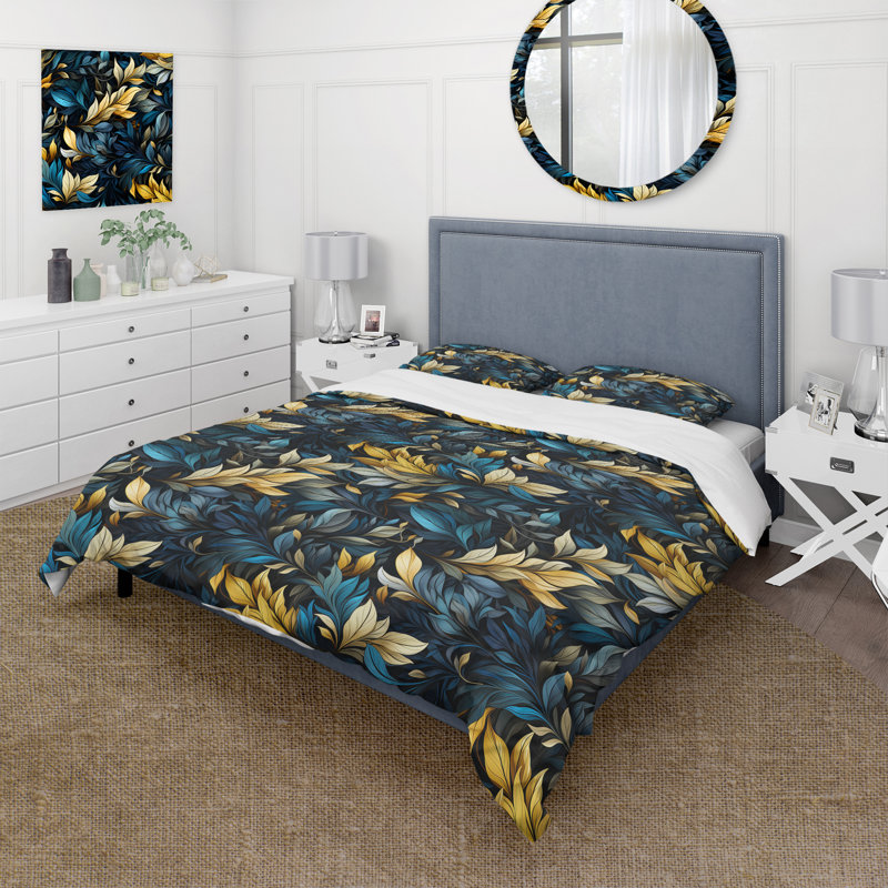 Ensemble de housse de couette feuille bleu et jaune Harmony, Housse de couette pour grand lit et 2 taies décor