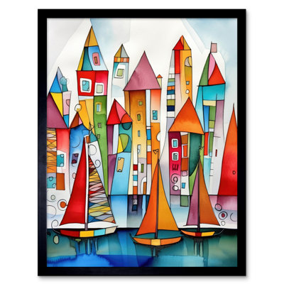 Modern Marina Colourful Port Folk Art Watercolour Painting Artwork Framed Wall Art Print 9X7 Inch