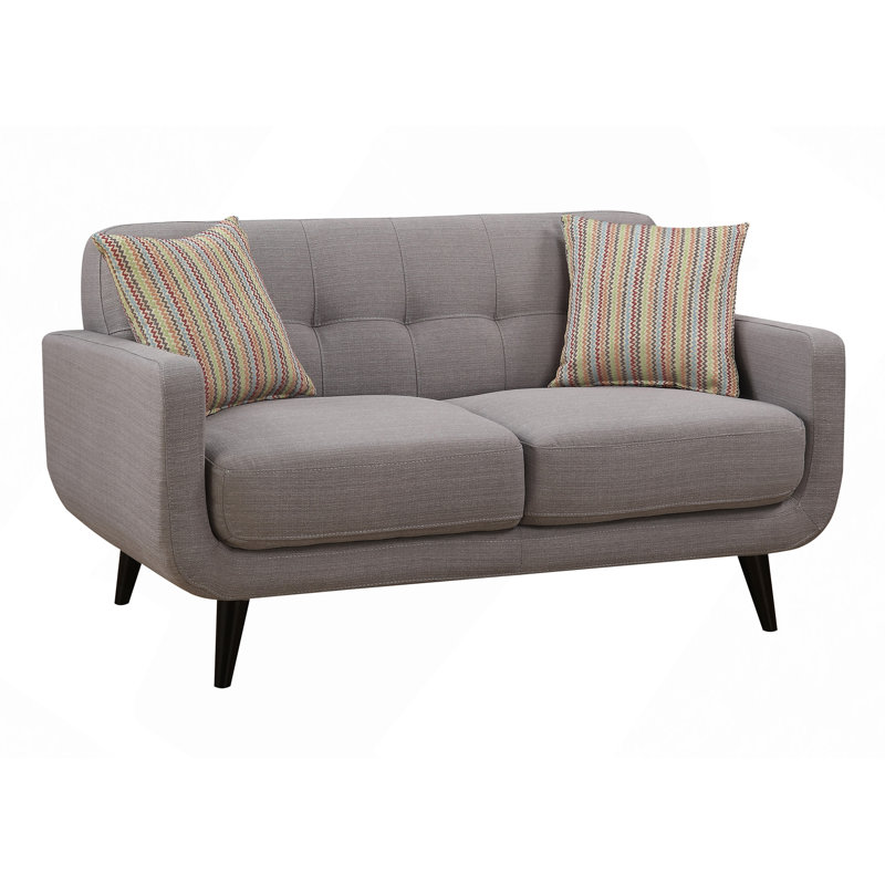 Canapé deux places, mélange de polyester avec structure matelassée, pieds en bois massif, rembourrage en mousse haute densité et 2 coussins décoratifs