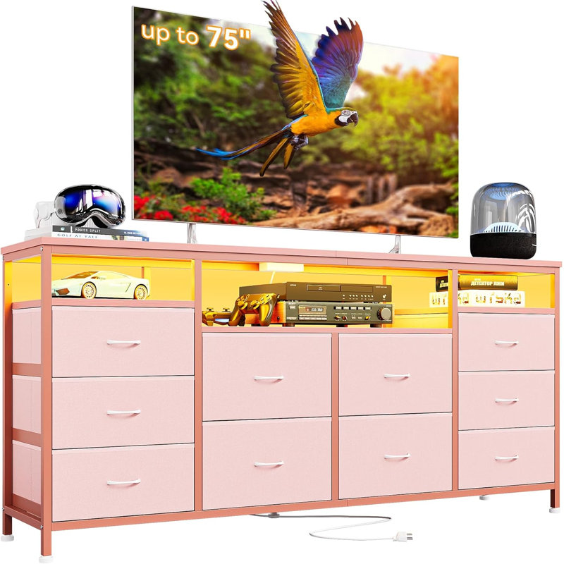 TV Stand With 10 Fabric Drawers, 63" W Entertainment Center TV Console Table With LED Lights, Power Outlets, Open Storage Shelves