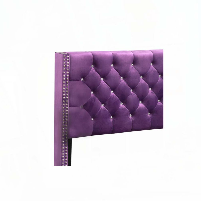 Lit rembourré en velours avec tête de lit capitonnée, Mauve, Double