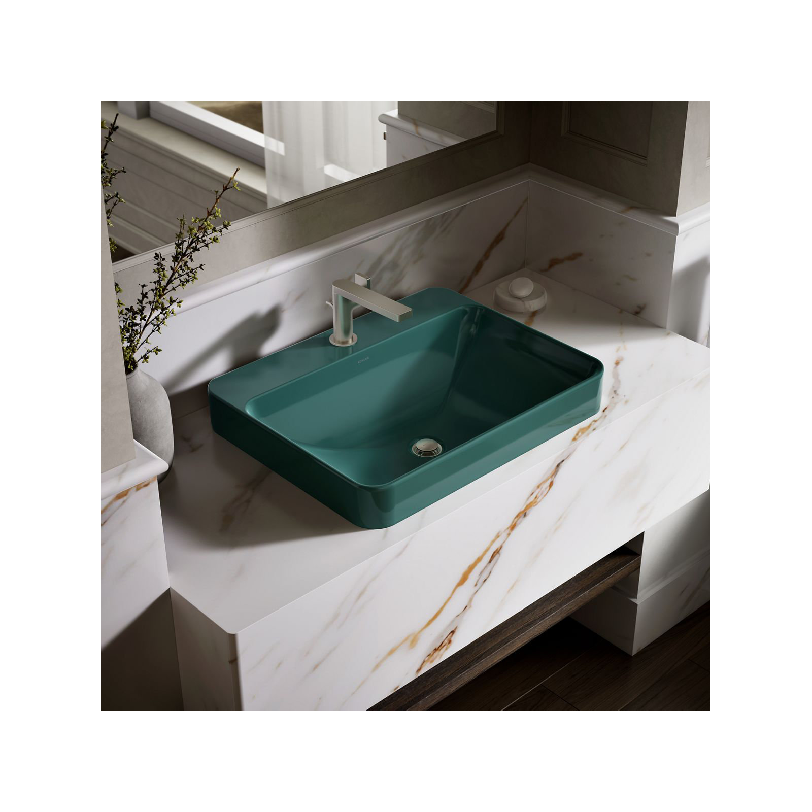 Vox Vitreous China Rectangular Vessel Bathroom Sink with Overflow, Teal, 1