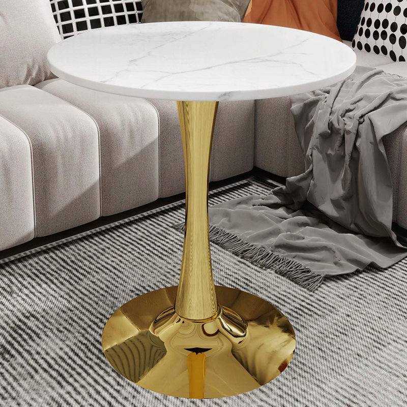 Table basse ronde à effet marbre 27,6 po avec plateau veiné blanc et base piédestal dorée, Blanc, Doré