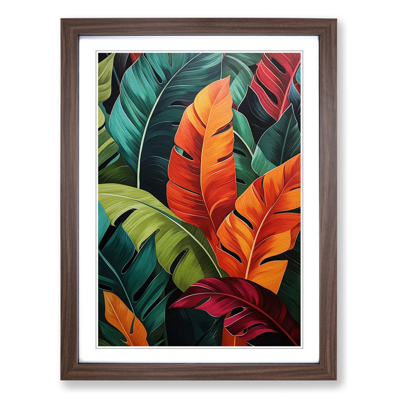 Tropical Leaf Hard Edge - Single Picture Frame Print on Wood, 46cm H x 34cm W, Walnut Framed
