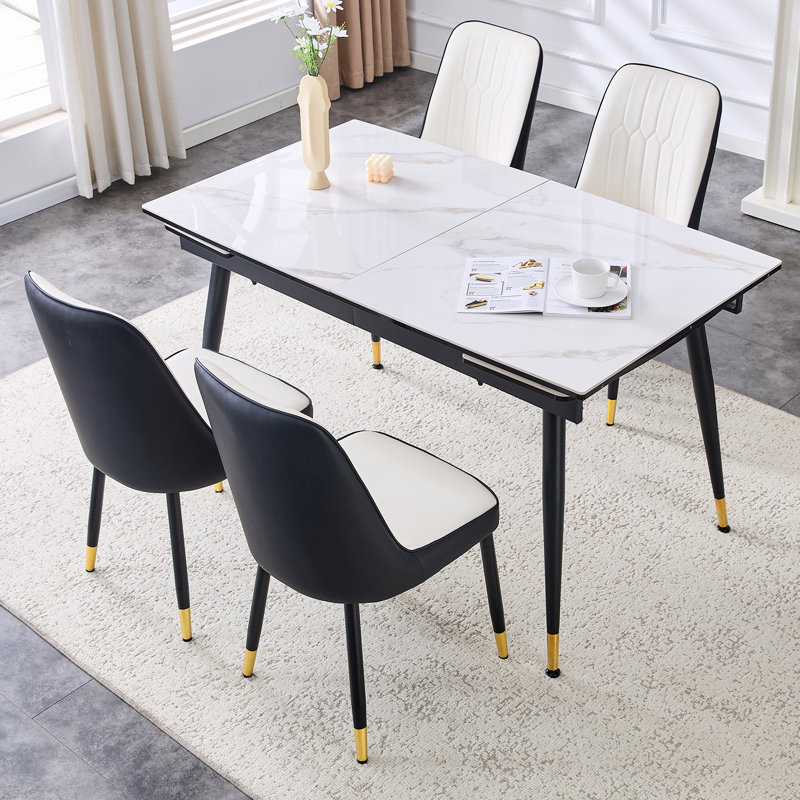 55'' - 79'' Extendable Sintered Stone Dining Table Set with Hidden Extension Leaf and Metal Legs, 5 Pieces: Table, 4 Chairs