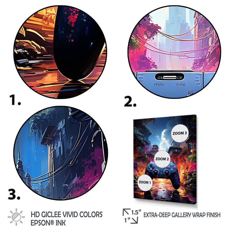 Contrôleur de jeu vidéo Neon Haven I - Art mural de jeux vidéo, Cadre simple noir, H 20 po x l 12 po x P 1 po