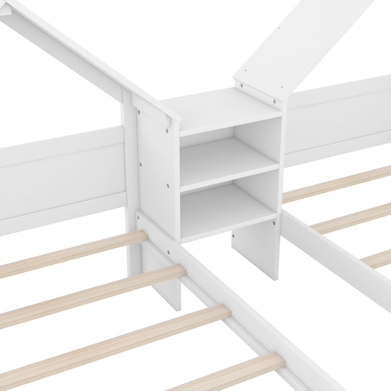 Lit plateforme avec tête de lit en forme de maison et table de chevet intégrée, Blanc