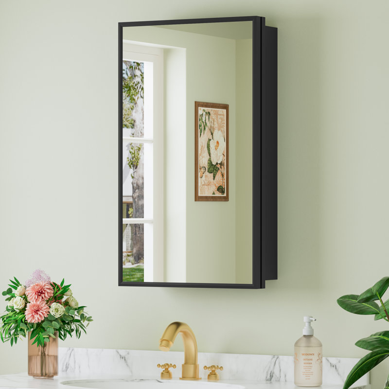 Armoire à pharmacie de salle de bain noire 14 po x l 24 po avec miroir, tablettes réglables en verre trempé, grand espace de rangement, encastré ou à fixation en surface
