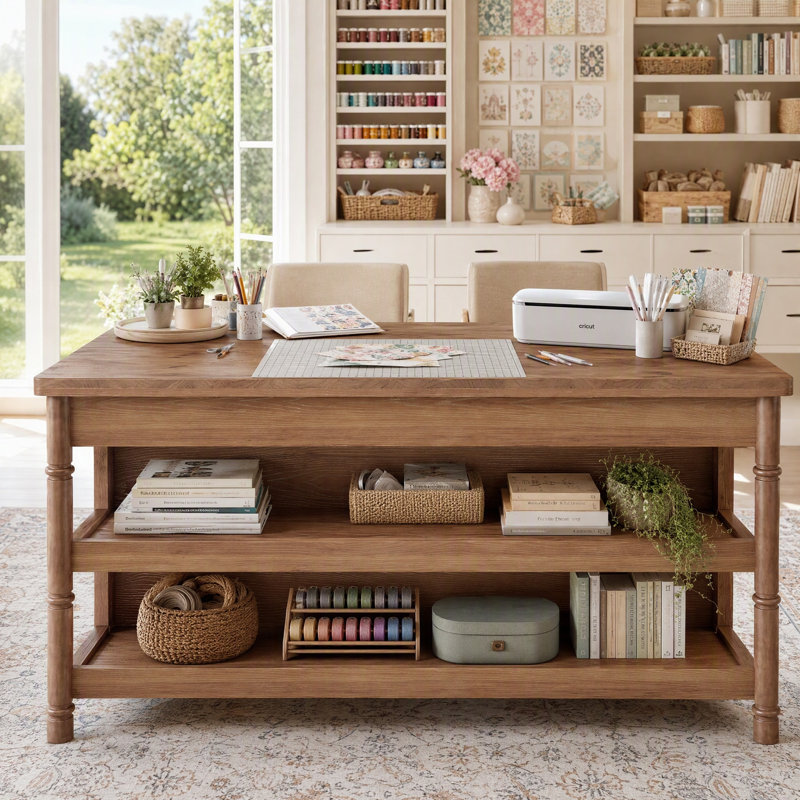 Table de couture en bois massif 63 po, poste de travail artisanal avec grande surface de travail