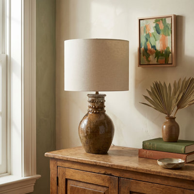 Terra-cotta Stoneware Table Lamp with Linen Shade and Iron Detailing