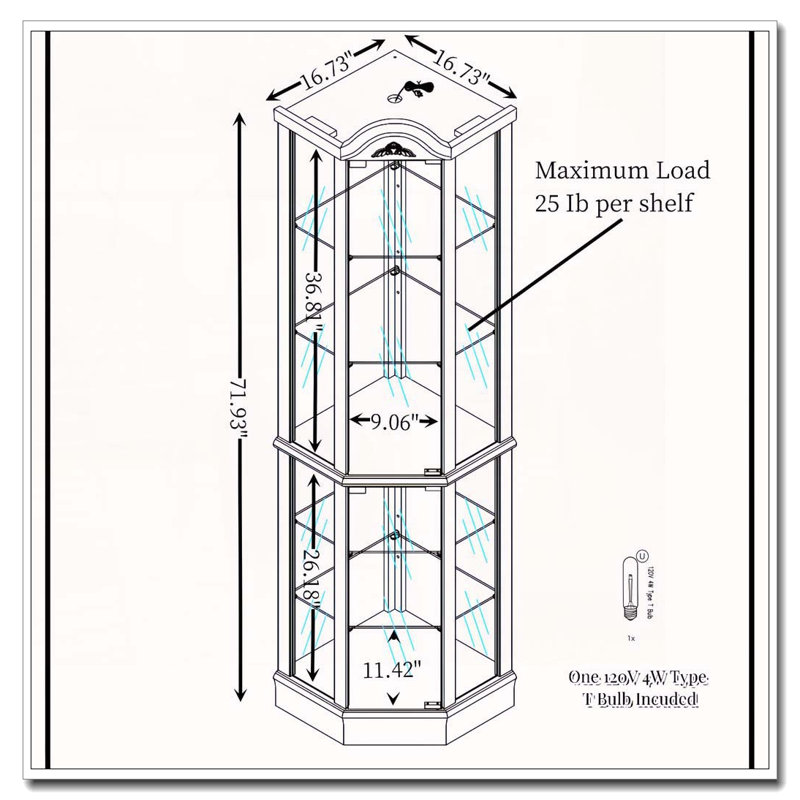 Armoire d'angle en verre avec décoration sculptée et tablettes réglables