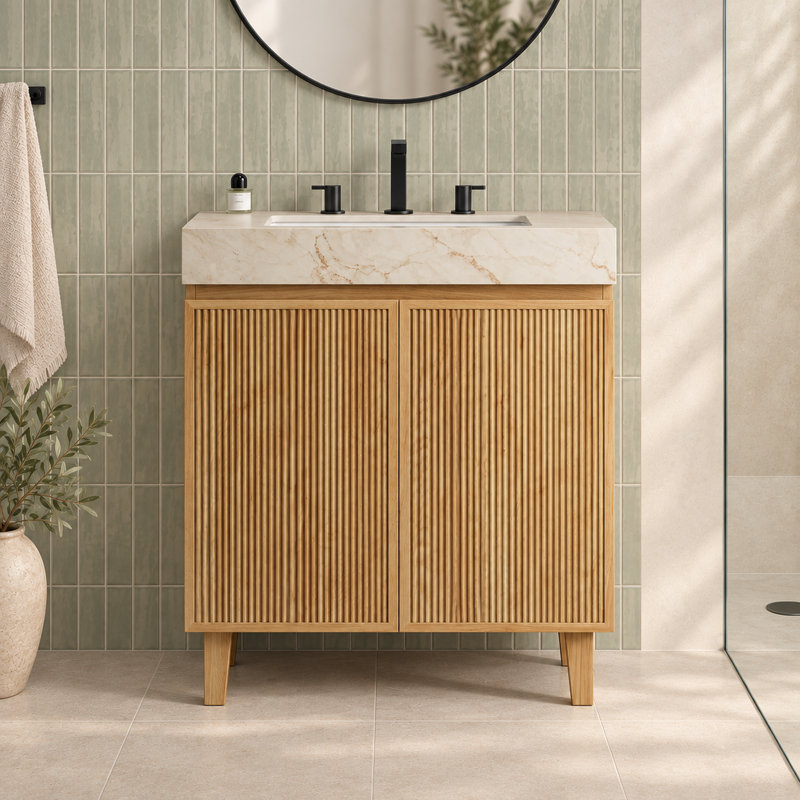 Meuble-lavabo simple LULA de 76 cm (30 po) d'aspect bois avec comptoir en pierre frittée couleur crème veinée or, 30"