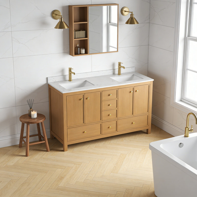 60" Bathroom Vanity with Storage, Oak