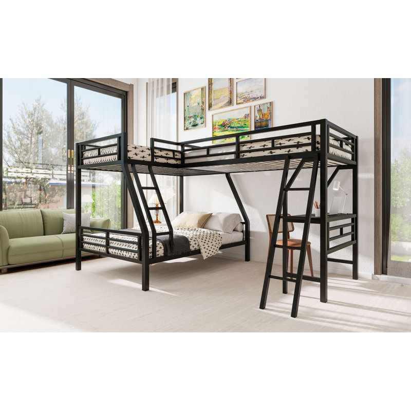 Twin over Full Bunk Bed with Loft Attached 117.3x78x67 inches Metal Single Piece Triple Bunk Bed Black with Desk and Metal Guardrails