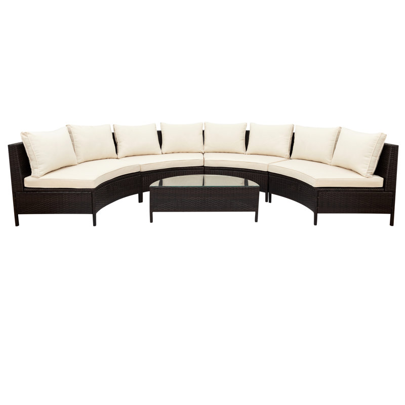 Ensemble de canapé modulaire d'extérieur demi-lune Topmax - 5 pièces, ensemble de canapé en rotin toutes saisons avec table en verre, beige