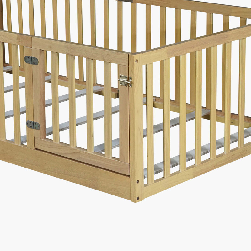 Natural Watsons Floor Bed With High Fence & Access Door, Rubber Wood Frame With Full Safety Guardrails, Twin