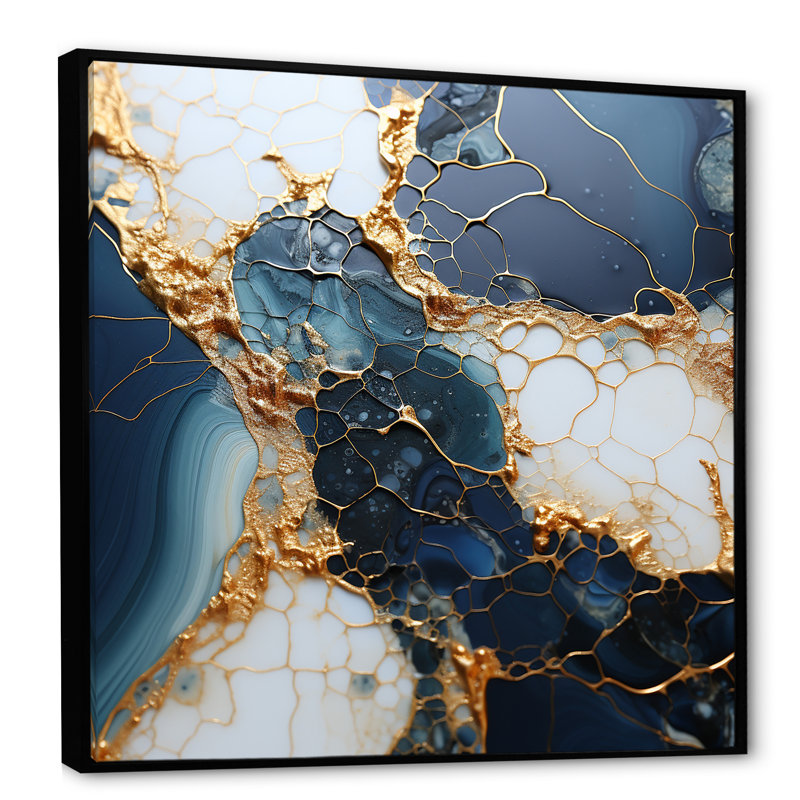 Encre de marbre dorée et bleue - Art mural abstrait à l'encre liquide, Cadre flottant noir, H 30 po x l 30 po x P 1,5 po