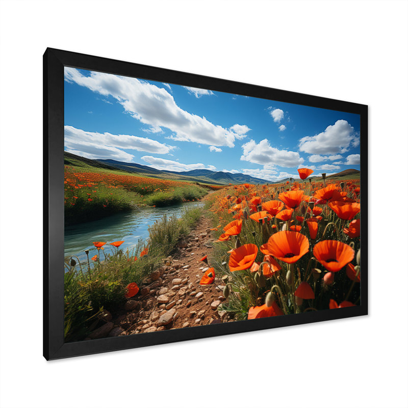 Kolette, Espagne, champs de coquelicots sur toile, Cadre simple noir, H 34 po x l 44 po x P 1,5 po