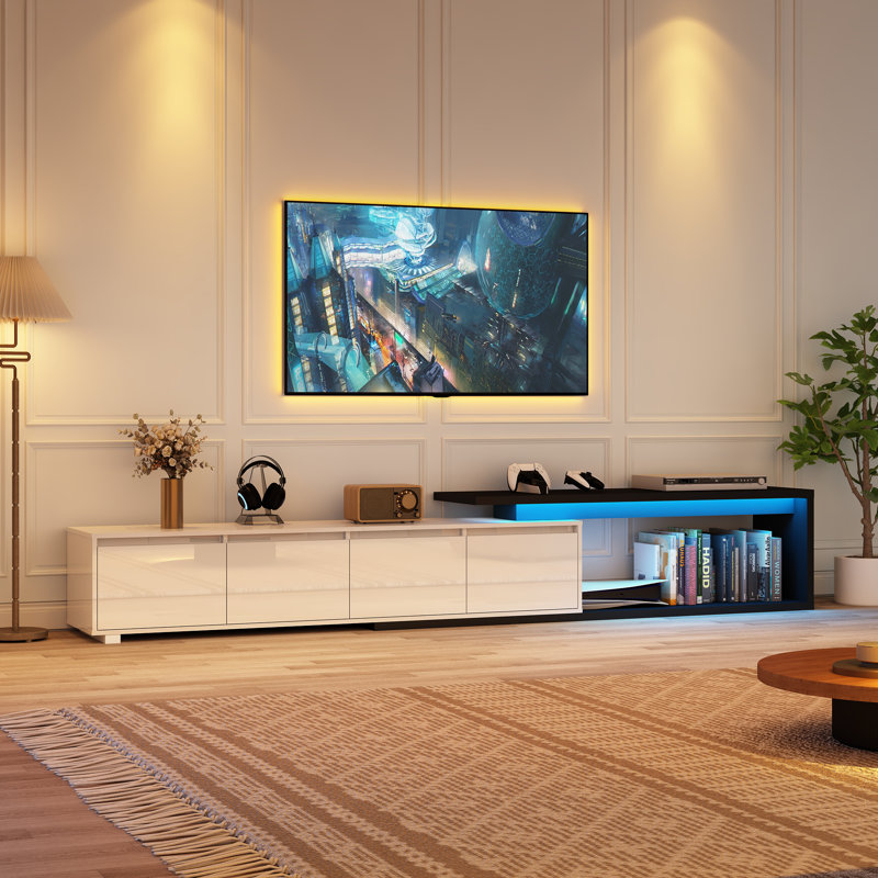 75"-110" Extendable TV Stand With LED Light With 2 Drawers And 2 Cabinets, White/Black