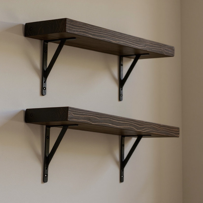 Slim Metal Bracket Shelves, set of 2, 6" H x 24" W x 5.5" D, Black/Dark Brown Wood