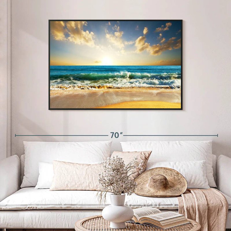 Coucher de soleil sur l'océan, 46 po x 31 po, Cadre flottant noir