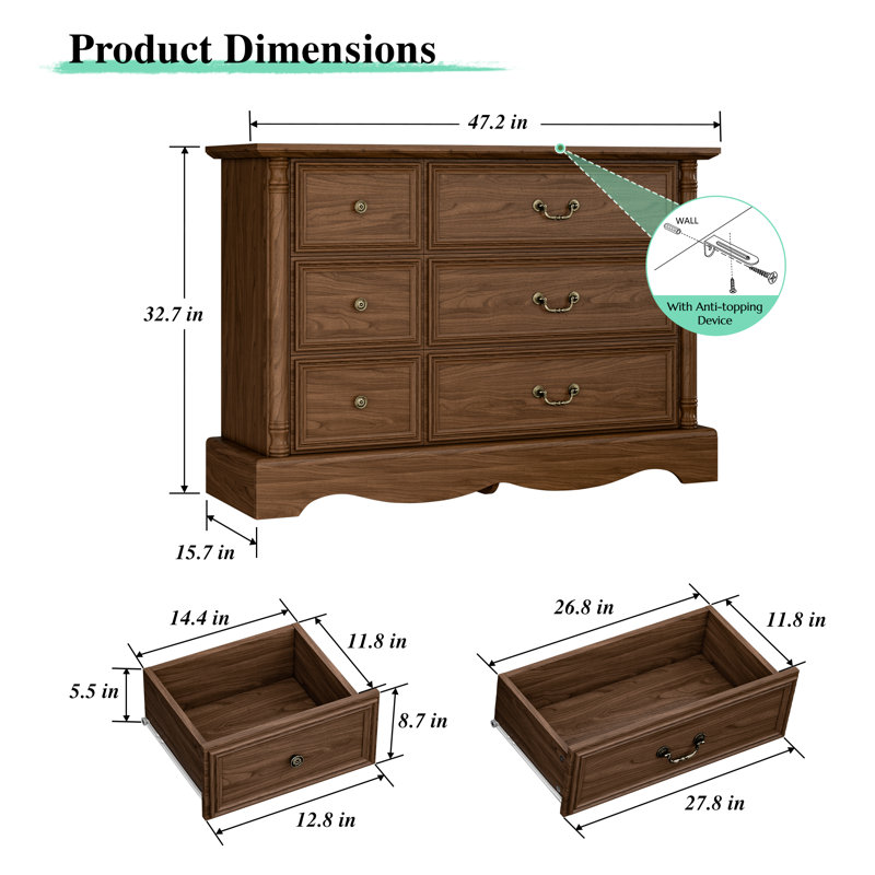 47"W Farmhouse 6 Wide Drawer Dresser, Bedroom Chest of Drawers With Anti-Tip Design, Brown