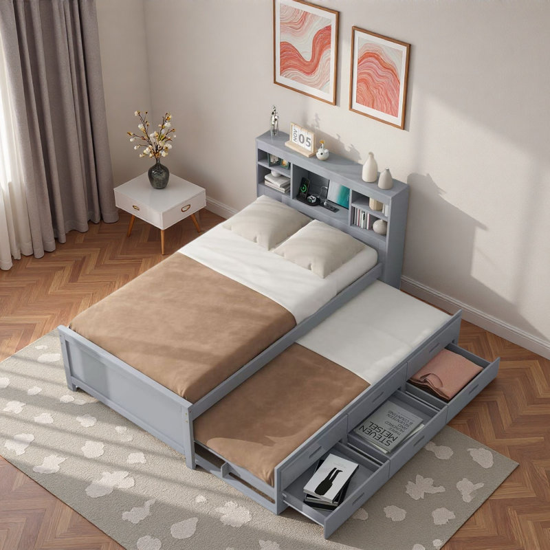Lit plateforme avec tête de lit avec rangement, USB et 3 tiroirs, Gris
