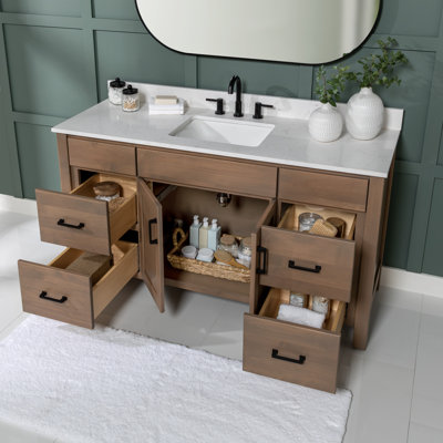 Ensemble de meuble-lavabo à simple cuve 61 po avec plateau en quartz doré Rydburgh