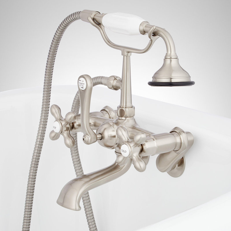 Robinet de baignoire mural de style téléphone avec poignées en croix, Nickel brossé