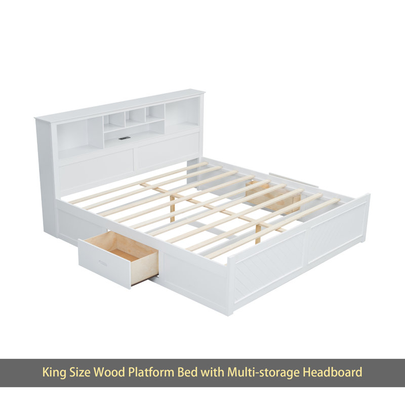 Lit plateforme très grand en bois avec tête de lit multi-rangement, USB et tiroirs, Blanc
