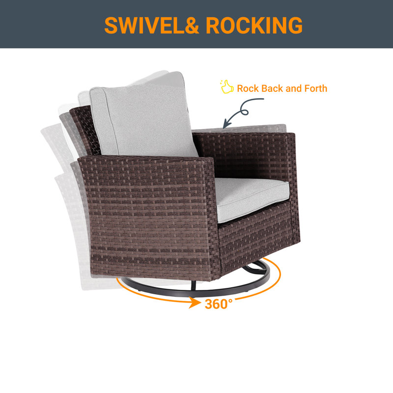  Ensemble de conversation pour 2 personnes avec coussins et chaises berçantes pivotantes, Brun, Lin gris