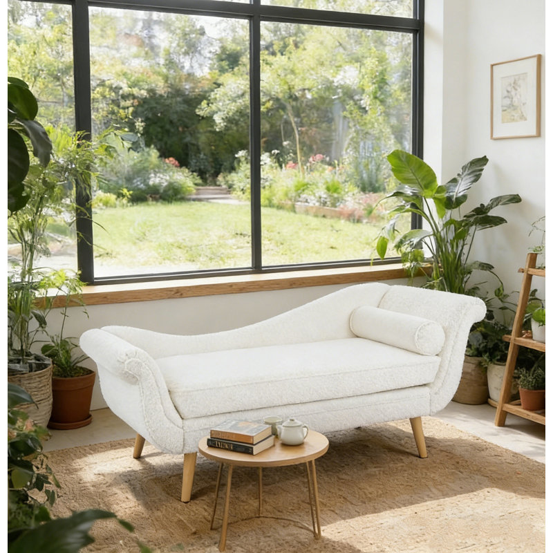 Chaise longue rembourrée avec coussin Enmond, Velours ourson blanc, Brun