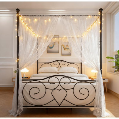 Vintage Style Metal Bed Frame, Kids Bed, Platform Bed With Canopy, Queen BLACK