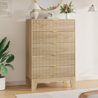 Commode 5 tiroirs pour la chambre à coucher, commode cannelée haute de 47 po avec poignée en métal, meuble télé en bois moderne, rangement pour le vestibule, le vestibule, chêne