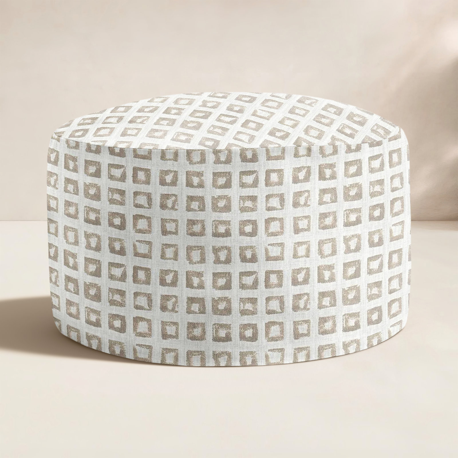 Round Upholstered Outdoor Ottoman with Cushion, Tan