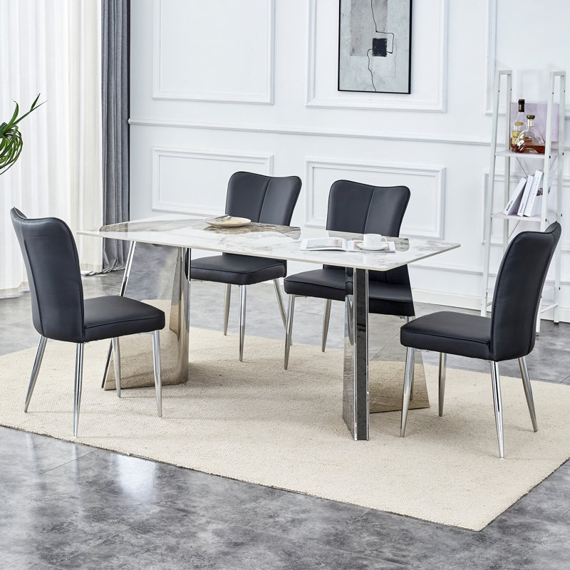  Ensemble de 5 tables de salle à manger en pierre frittée avec chaises en polyuréthane et dossier à rayures, noir, Blanc