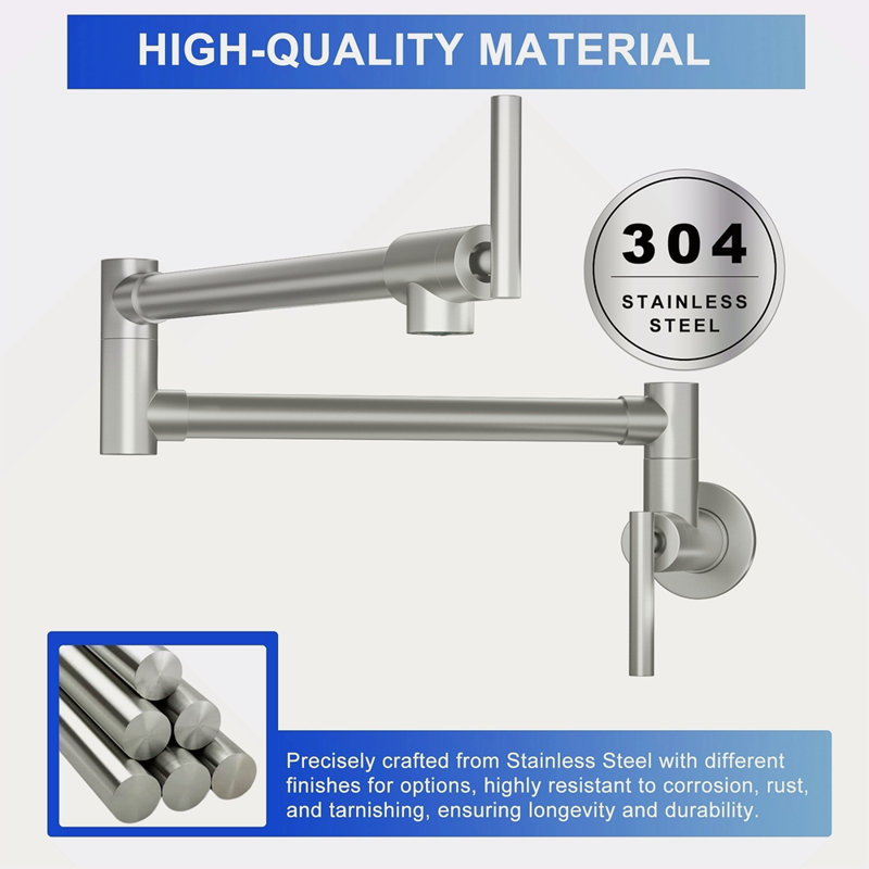 Robinet remplisseur de pot - Robinet d'évier de cuisine mural pliant extensible avec un trou et deux poignées,, Nickel brossé