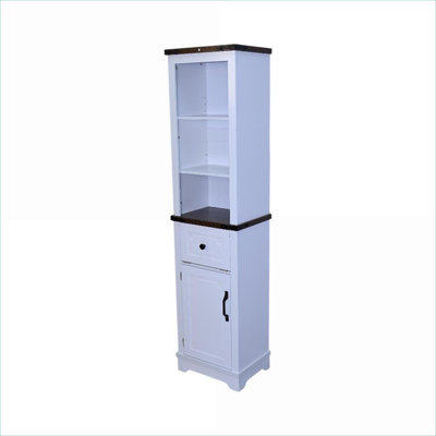 Cabinets | Narrow Tall Farmhouse Storage Cabinet, Adjustable Shelves &amp; Drawer, snow white Body, Walnut Brown Top | Particle Board+MDF | Bathroom