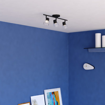 Hertford 23 In. Wide Matte Black Transitional Ceiling Track Lighting Fixture Kit With 3-Adjustable Light Heads, Clear Ribbed Glass Shade, Dimmable, Integrated LED, Semi Flush Mount Flexible Spotlight Bar