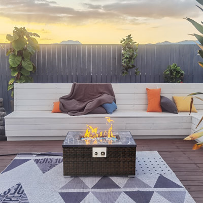 32"W x 15"H Polyresin 2-Piece Propane Wicker Fire Pit Table set with Gas Tank Holder and Lid