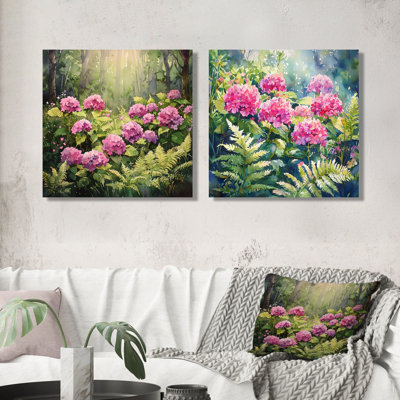 Hortensias tropicaux dans la forêt de fougères I - art mural hortensia - décoration murale traditionnelle 2 pièces